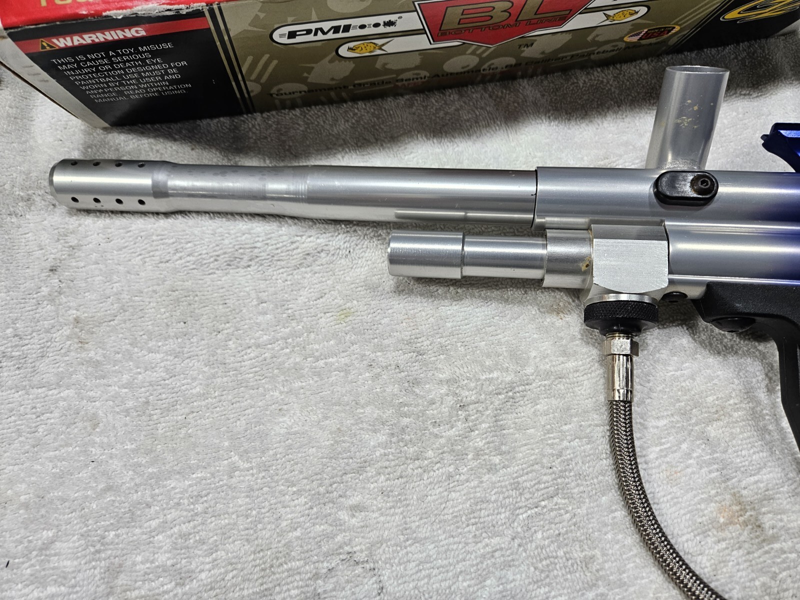 IOB Piranha Silver Blue Fade Bottomline Paintball Gun Spyder Barrel New