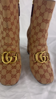GUCCI Brown Canvas Logo Marmont Monogram Ankle Boots 37.5 - 7.5US
