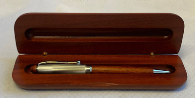 Turned Wood Ballpoint Pen & Box Silvertone Trim Writing Implement *Untested*