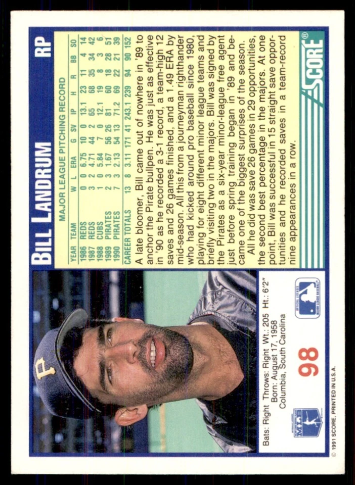 1991 Score Bill Landrum Pittsburgh Pirates #98 - Image 2 of 2