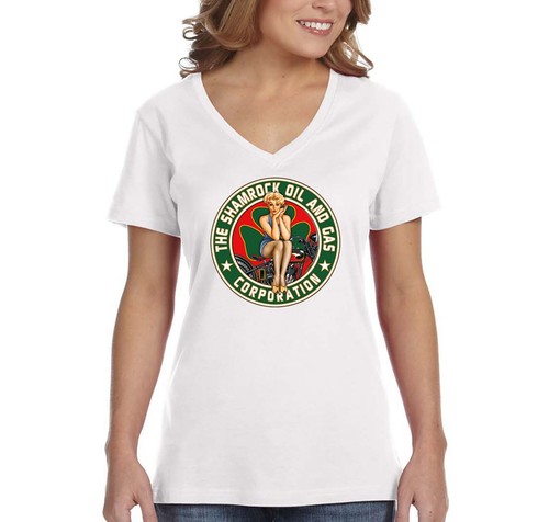 Womens Shamrock Oil Gas Irish Pinup Girl Biker St. Patrick's Day V-Neck T-Shirt - Picture 6 of 6