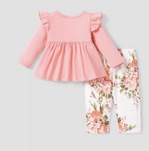 Baby Girls Pink Ruffled Long Sleeve Top & Floral Print Leggings Size 6-9M - Picture 2 of 6
