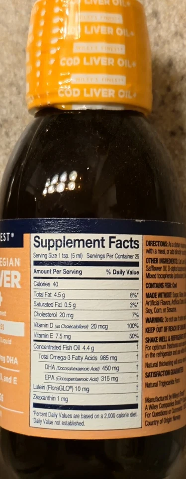 Wileys Finest COD LIVER OIL+ 4.2 fl oz Orange (25 Serv) EPA/DHA BEST BY 12/25 - Image 2 of 4