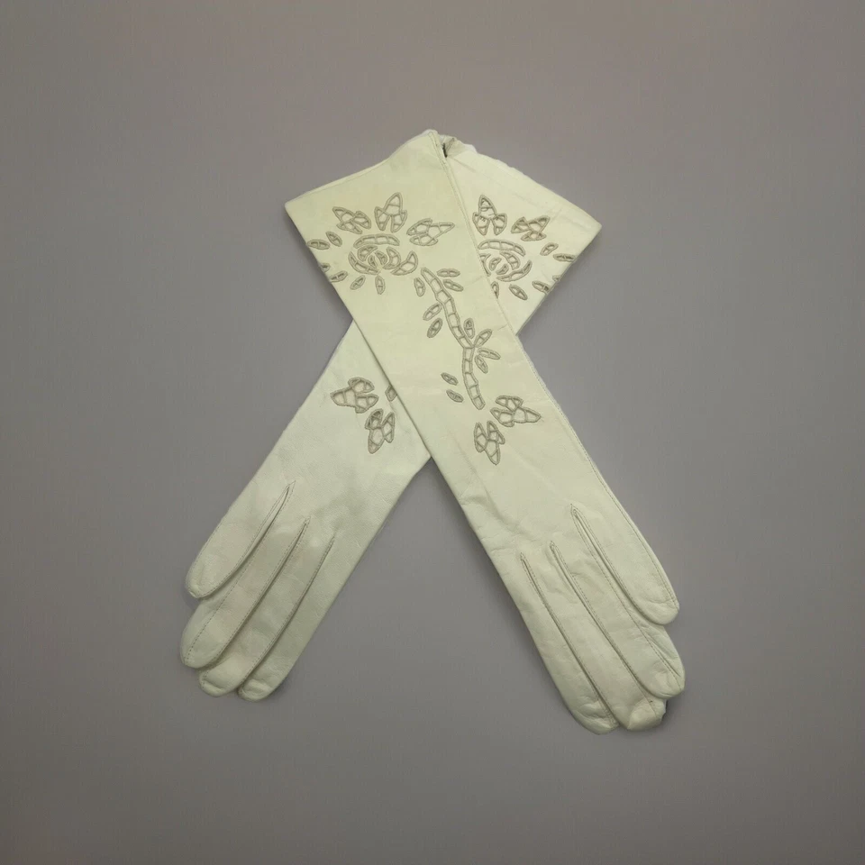 Guantes Capretto Lavabile Largos Italianos Vintage Talla 6.25" Cuero Marfil Ojales Foto 2 de 4