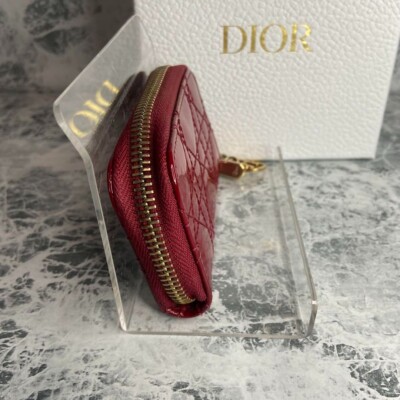 Auth Christian Dior Lady Dior Cherry Red Patent Leather Round Zip
