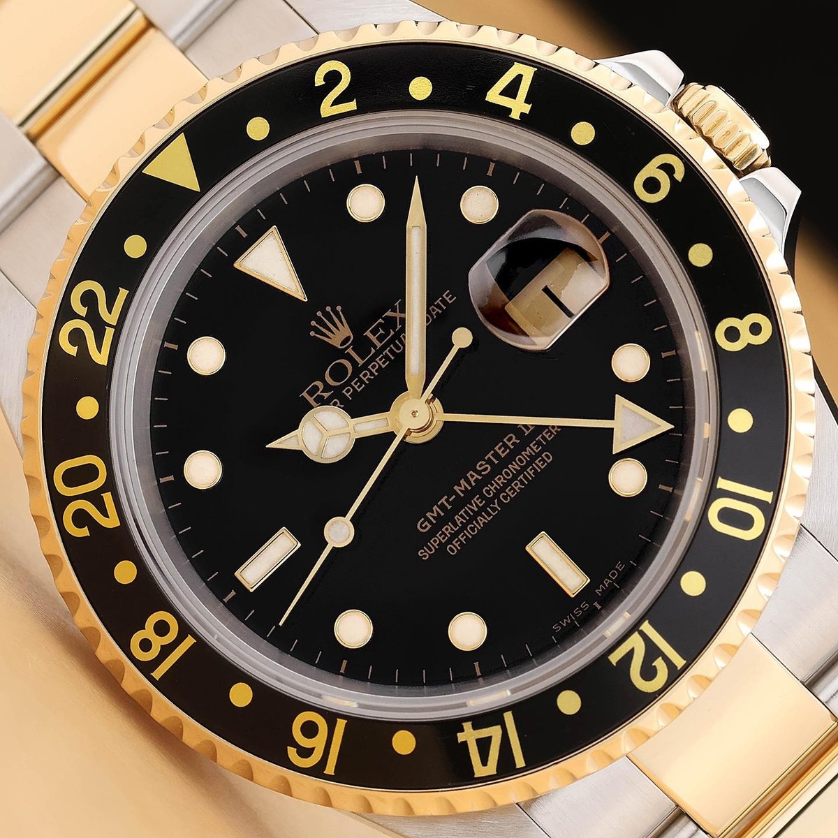 2000 ROLEX GMT MASTER II 40MM 16713 18K YELLOW GOLD STAINLESS