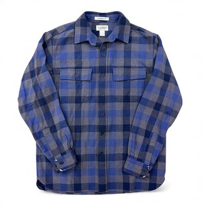Vintage LL Bean Checkered Plaid Flannel Chamois Cloth Button Up Shirt Blue Gray
