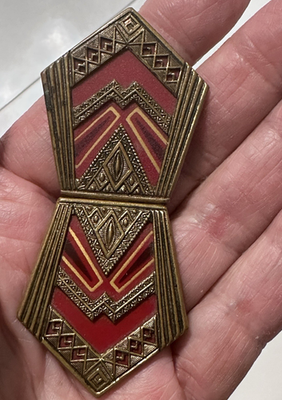 Vintage Czech Art Deco Belt Buckle Clasp Red Enamel Brass 