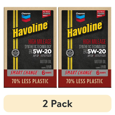 (2 pack) Chevron Havoline High Mileage Synthetic Technology Motor Oil 5W-20, 6 Q