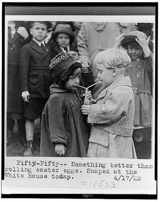 Fifty-fifty,better than rolling Easter eggs,boy & girl sharing drink,April 1922
