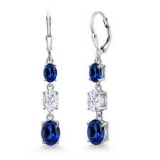 925 Sterling Silver Created Sapphire 3 Stone Dangle Earrings For Women 6.20