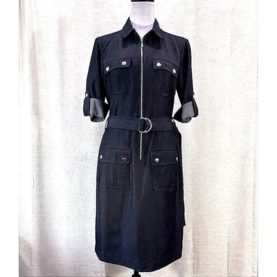 Sharagano Women's Textured V-neck Collar Dress Size 6 Denim Wash Utility Stretch