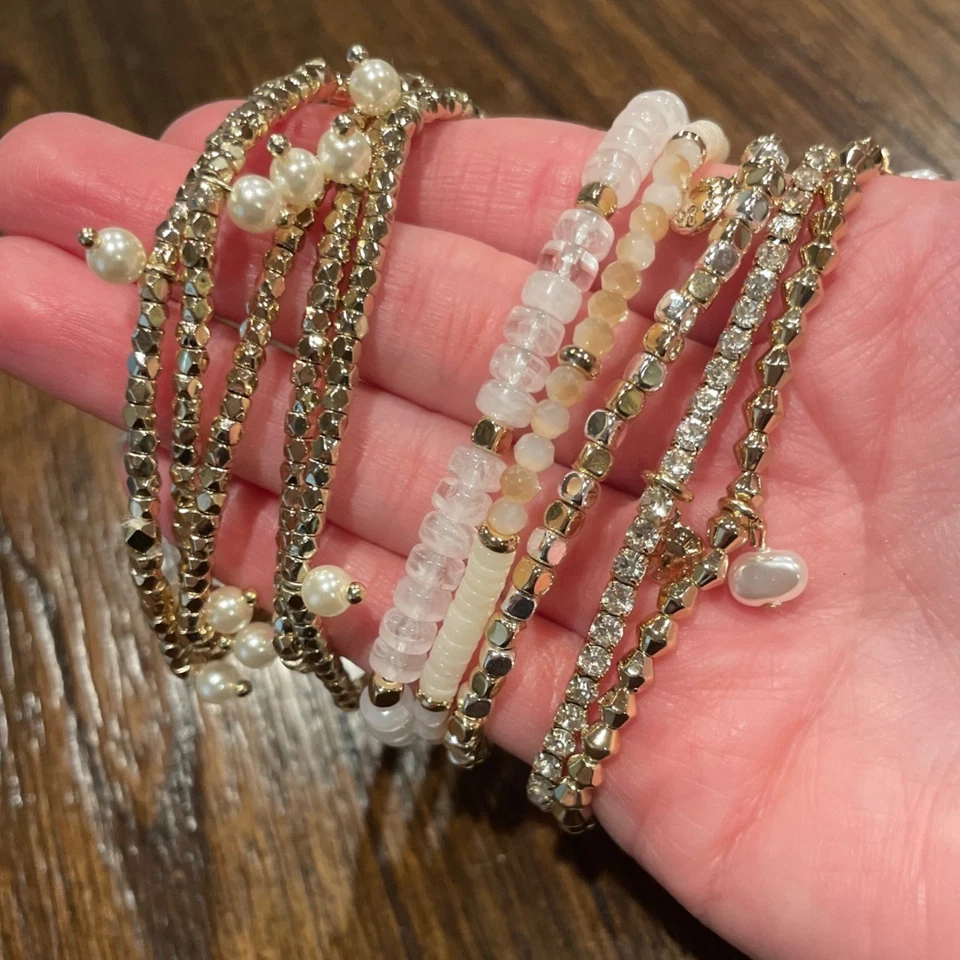 Lote de 11 Pulseras J.Crew Oro Perla Tenis Cuentas Metal Brazalete Foto 3 de 4