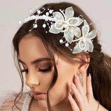Flower Headband Silver Bride Wedding Headpiece Pearl Bridal Headbands Wedding