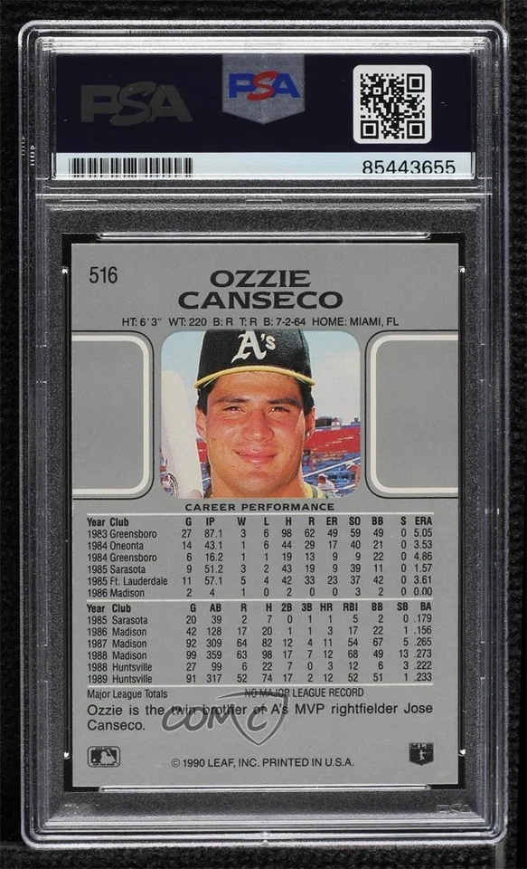 PSA/DNA 1990 Leaf Ozzie Canseco #516 Certified Authentic Auto - Image 2 of 2