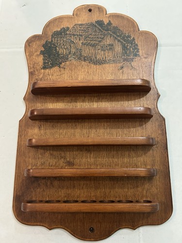 Wooden 35 Slot Thimble Holder Water Mill Motif Wall Display Unit Vintage Nice