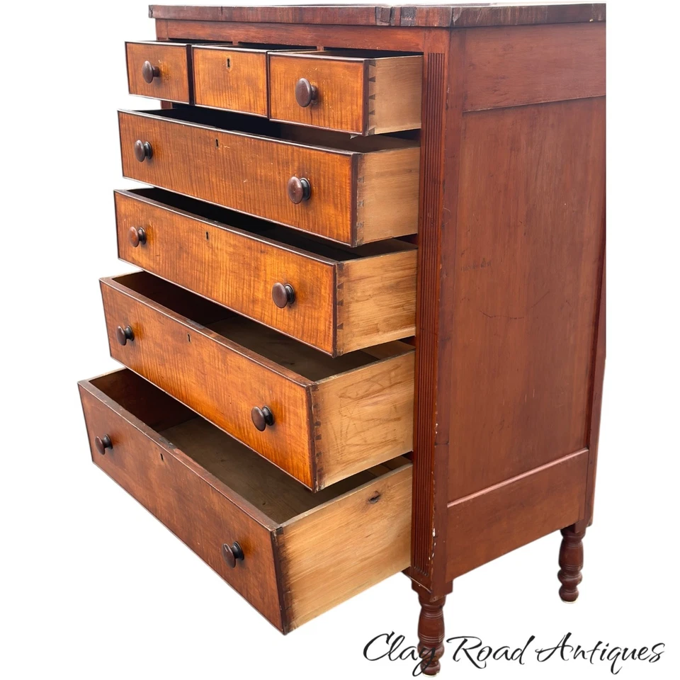 Antigua casa de campo cereza y tigre arce pecho alto sheraton 1820 tocador de campo Foto 3 de 4