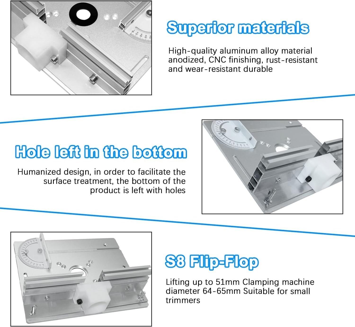 Table de fraisage avec insert en aluminium anodisé et support rigide