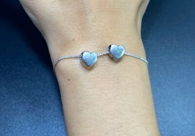 925 Italy Chain Link Bracelet Two Heart Charms 7 1/2 inches Fine Sterling