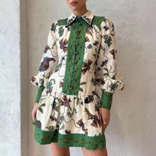 French Style Single-breasted, Long-sleeved Graffiti Print Lace-up Waist Dress