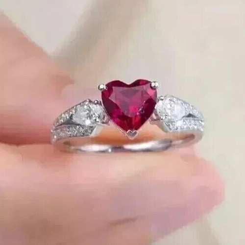 Women's Wedding Ring 14K White Gold Plated 2.1Ct Heart Cut Lab-Created Pink Ruby - Picture 3 of 5