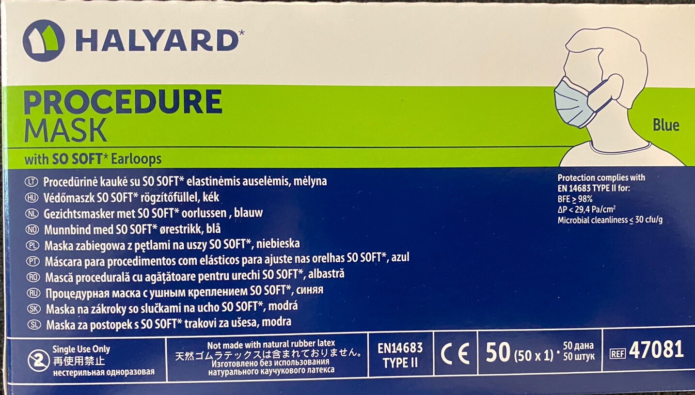 50 New Halyard Surgical Procedure Masks Blue 47081 Earloop Made in USA