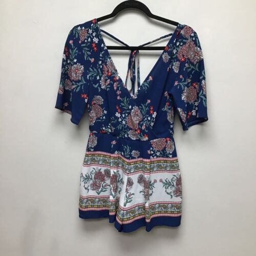 Three Pink Hearts Womens Romper Playsuit Blue Floral V Neck Short Sleeve Boho XS