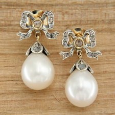 Boucles d'Oreilles en OR Jaune PERLES et DIAMANT style Ancienne Pendantes Perle