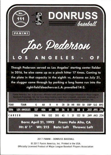 Joc Pederson 2017 Donruss #111 Los Angeles Dodgers - Picture 2 of 2