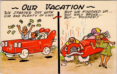 Humor Comic Cartoon Our Vacation Broken Down Car  Vintage Postcard spc3