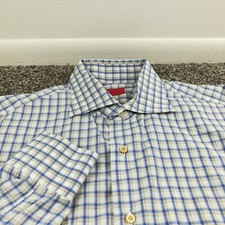 Isaia Napoli Dress Shirt Blue Beige Tan Plaid Size 17.5  44