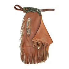 Men’s Western Leather Chinks Cowboy Rodeo Chaps Tooled Fringe Trail Riding Gear