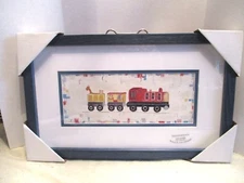 15" x 9" Matted Blue Plastic Frame Child's Circus Train Print Under Glass