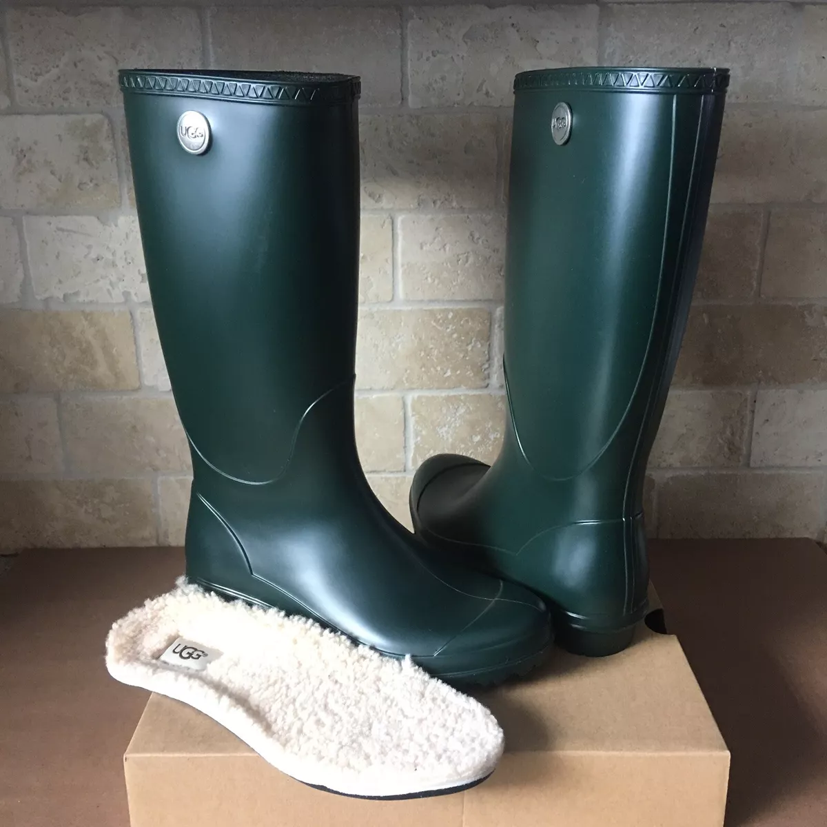 UGG SHELBY OLIVE GREEN MATTE RUBBER RAIN TALL BOOTS FUR INSOLE