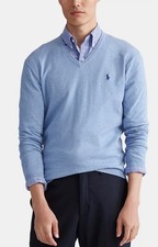 NWT Polo Ralph Lauren LIGHT BLUE 100% Cotton Lightweight Knit V-Neck Sweater