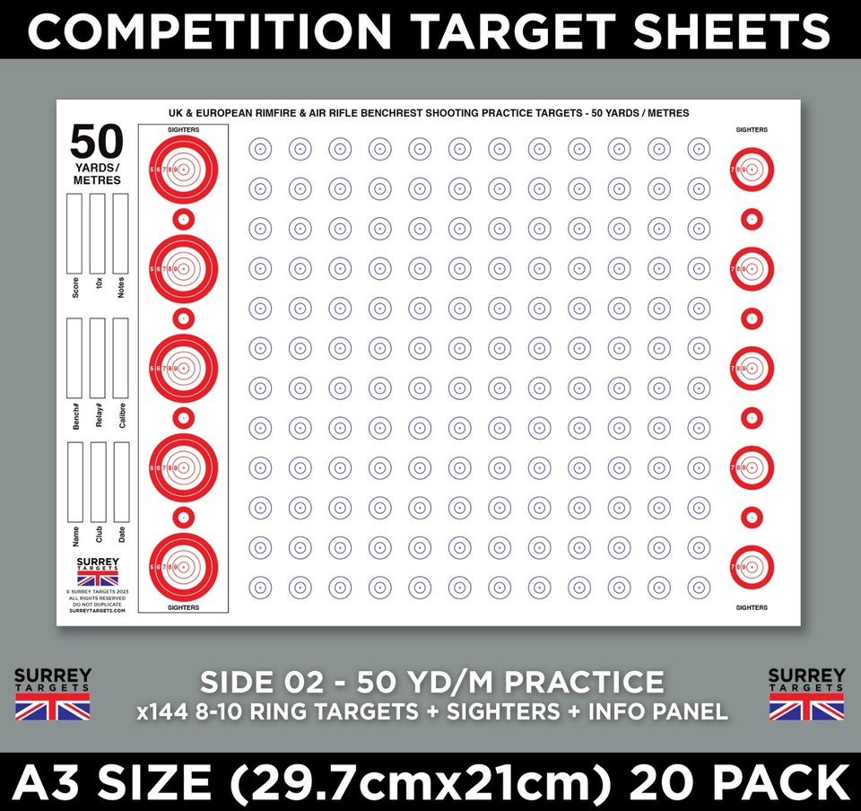 A3 COMPETITION TARGET SHEETS 50 Yard Metre Benchrest Rifle Card Targets ...