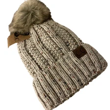CC Exclusive Brand Cable Knit Pom Pom Beanie Hat Oatmeal Beige Confetti NWT