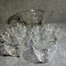 VTG Anchor Hocking Glass Punch Bowl No Base & 14 Cups Dipper Grape Pattern
