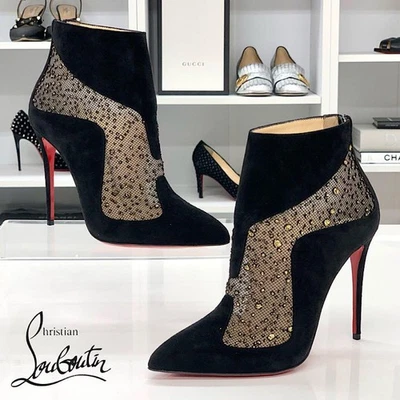 Christian Louboutin Daim Maille Paillette Court Bottes Talon Femme Taille 38 - Photo 1/4