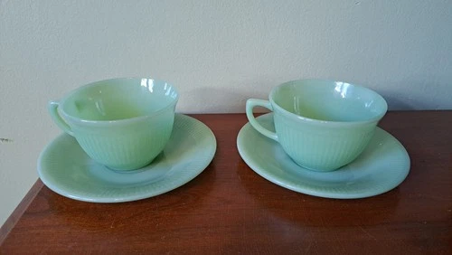 Fire King Jade Jadeite Green Ribbed Coffee 2 Tea Cups & Saucers Jane Ray