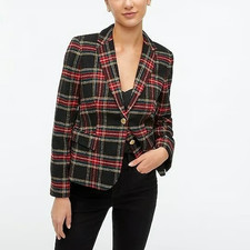 J. Crew Stewart Tartan Wool Blend Schoolboy Blazer Black Red Sz 14 Preppy