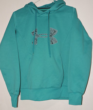 Under Armour Women Cold Gear Semi Fitted Teal Hood Sweatshirt SZ S pouch pocket