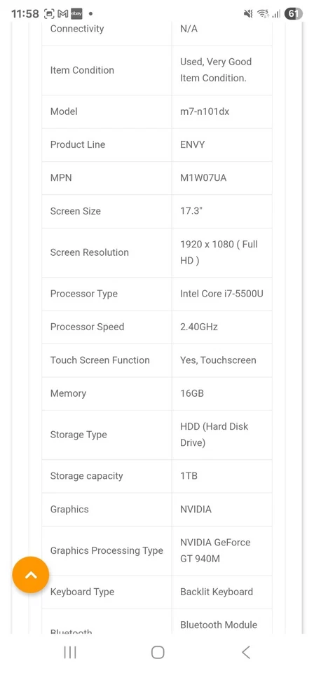 HP ENVY M7-n101dx Touchscreen, i7 ,17.3", NO HDD, 4GB RAM, SPARE OR REPAIR (182) - Image 2 of 4