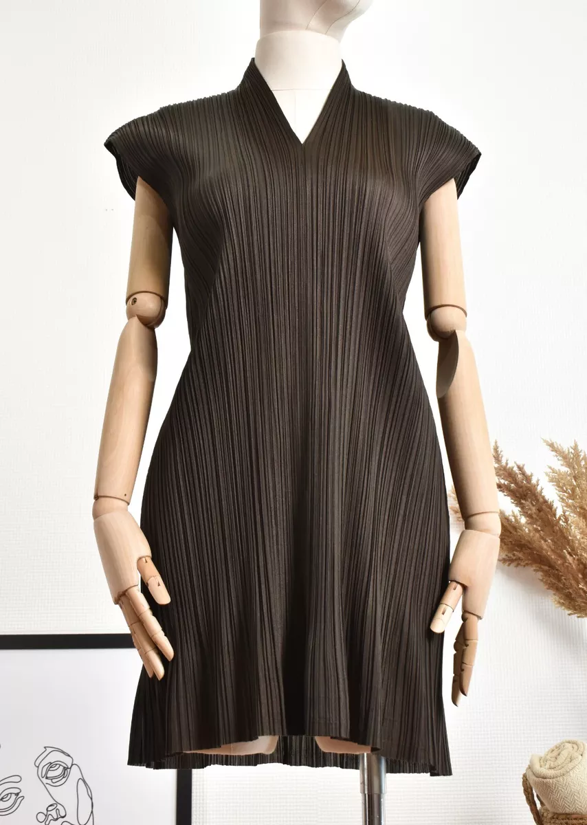 PLEATS PLEASE Issey Miyake Pleated Brown V-Neck Tunic Dress Size 3