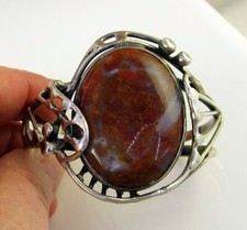 Estate Vintage Elegant Signed Sterling Silver Agate Wide 38.9 Gram Cuff Bracelet