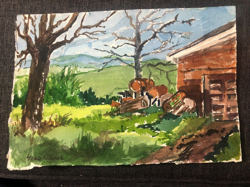 Original Watercolor Painting Signed Rural Landscape barn barrels field