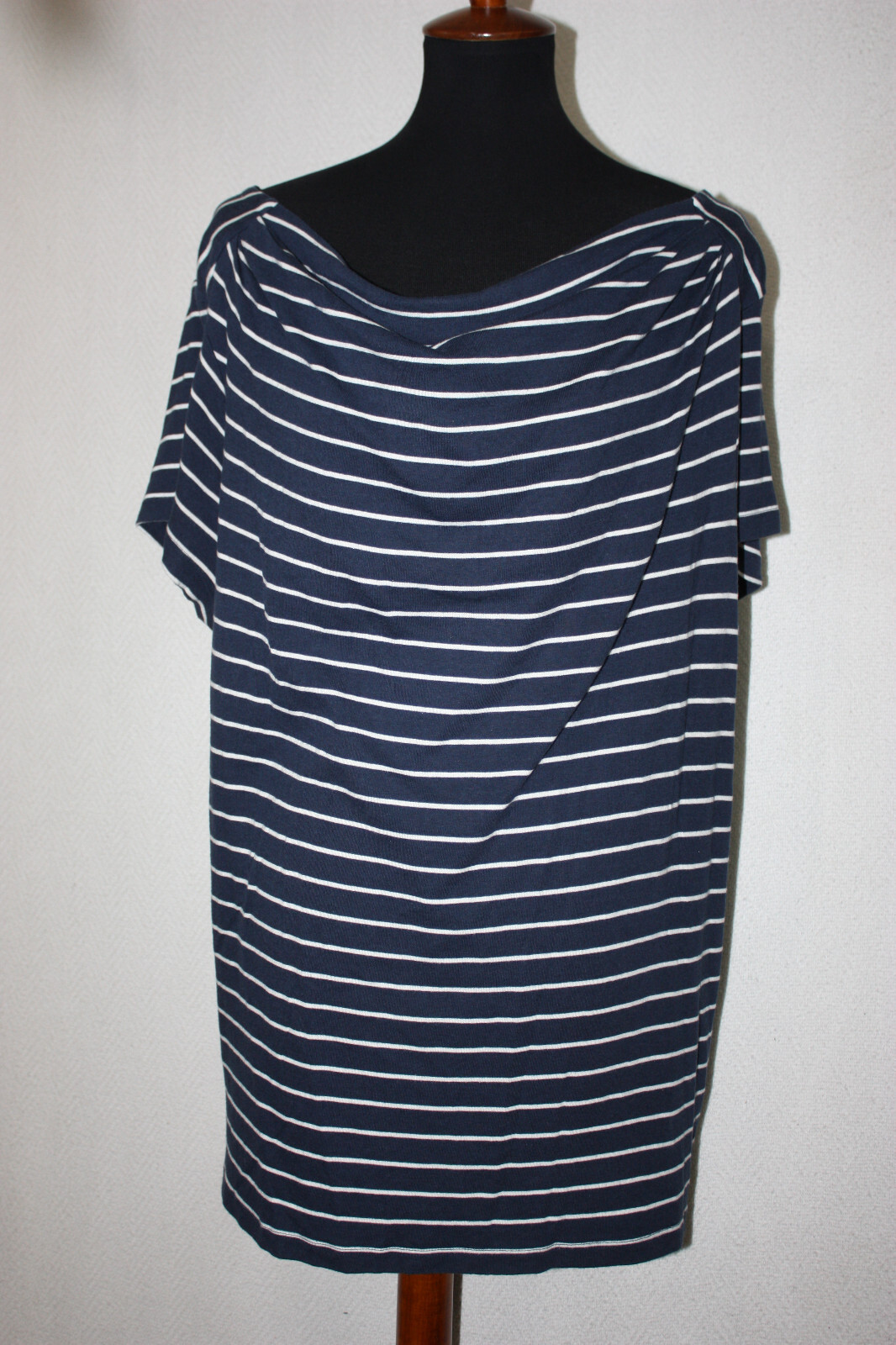 Lands End Plus Size Navy Blue White Striped Boatneck Cap Sleeve Top