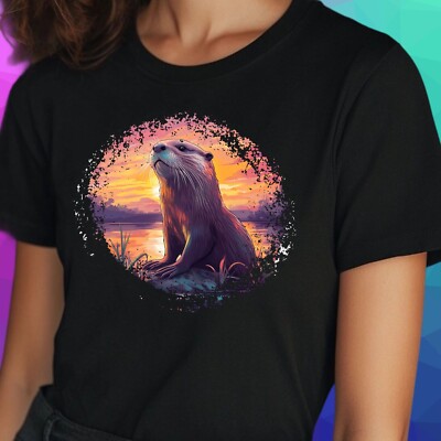 Women's Otter Sunset Print Cotton T-Shirt Size S to 3XL