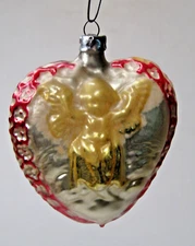 Vintage Glass ANGEL Ribbon Double Embossed HEART Christmas Ornament Germany