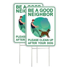 Clean Up After Your Dog Signs 2 Pack 9 x 12" With Metal H-Stakes Double Sided...